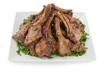 tasty lamb chops with salad with white background, grilled meat, egyptian food