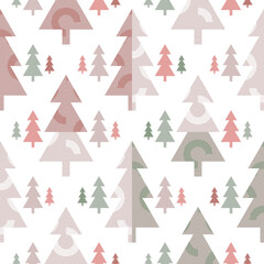 Dense Christmas park with decorated geometric trees. Abstract seamless vector pattern suitable for wrapping paper, interior decoration and stationary.