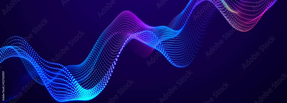 Poster Futuristic dots pattern on dark background. Colored music wave. Big data. Technology or Science Banner. 3D rendering