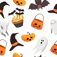 Happy Halloween scary elements seamless pattern. Vector holiday set of spooky cartoon illustrations. Trick or treat design concept. Pumpkin, hat, cupcake, ghost, bat isolated on background