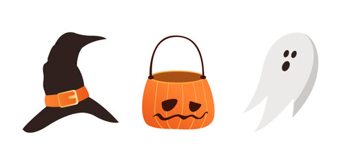 Happy Halloween scary elements collection. Vector holiday set of spooky cartoon illustrations. Trick or treat design concept. Pumpkin, hat, cupcake, ghost, bat isolated on background