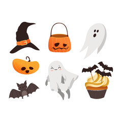 Happy Halloween scary elements collection. Vector holiday set of spooky cartoon illustrations. Trick or treat design concept. Pumpkin, hat, cupcake, ghost, bat isolated on background