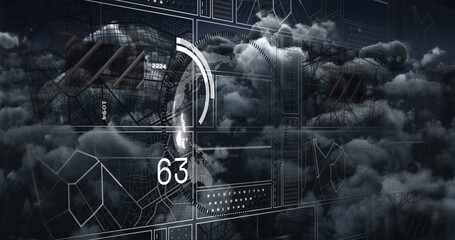 Image of globe with charts and data processing over dark cloudy sky