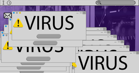 Fototapeta na wymiar Image of computer icons and virus texts over server room