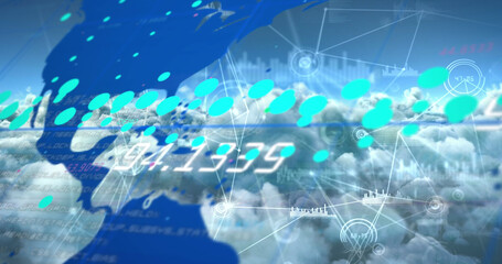 Image of graph, world map and network processing data over blue cloudy sky