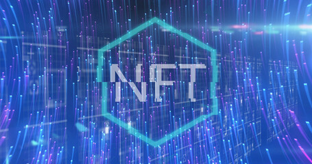 Image of light trails over nft text with data processing on black background