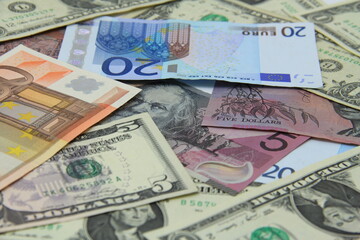 Obraz na płótnie Canvas Bank notes from Australia, Europe, America.
