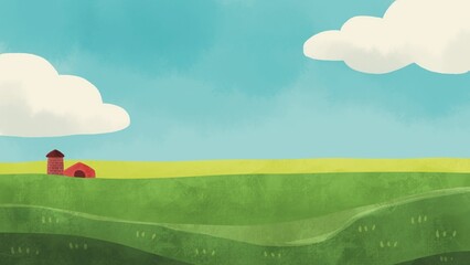 赤いサイロがある草原の手描きイラスト © 梅つむぎ