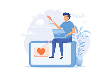 Obraz na płótnie Canvas Liking photos. Man cartoon character putting likes on photos on social media page. Add to favourite. Dating website, application, chatting. flat vector modern illustration
