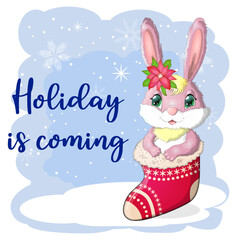 A cute cartoon rabbit in a Santa hat is sitting in a Christmas stocking. Winter 2023, Christmas and New Year