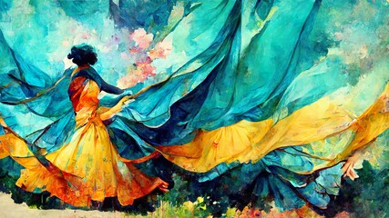 Fototapeta premium medieval dance contest pposter, folky art with a beautiful yellow dress