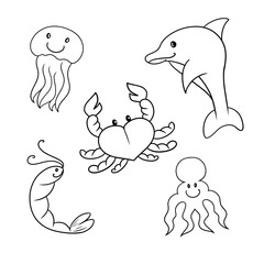 Monochrome set of icons, cute sea characters, dolphin, crab, shrimp and jellyfish, vector cartoon
