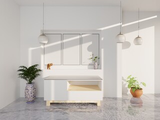 Modern white living room interior with table and green plants on marble floor in the white wall