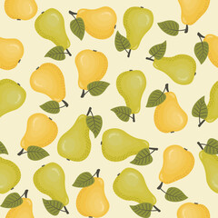 Fruity seamless pattern with yellow and green pears on a beige background. Vector background for paper, cover, fabric, gift wrapping, wall art.