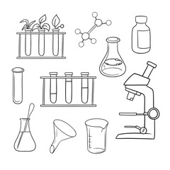Monochrome large set of icons, chemical and biological experiments with a microscope, vector cartoon