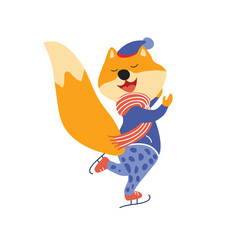 A cute cartoon fox is ice skating. Winter holidays. Can be used for kids clothes design, prints and posters.