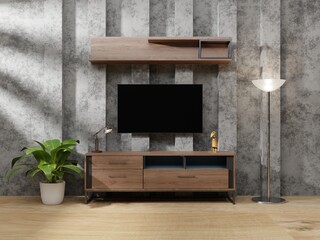 Fototapeta na wymiar Tv cabinet on the cream wall background in living room with tiles floor