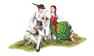 Zakopane Poland. Polish Highlanders Couple in Traditional Costumes PNG Isolated Illustration. - obrazy, fototapety, plakaty