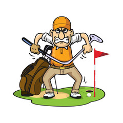 Cartoon style vector illustration of a frustrated caucasian male golfer screaming, spitting and bending his club out of anger.