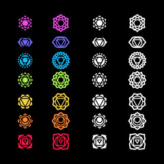 chakra symbols set on dark background, different styles, modern, simple geometric icons