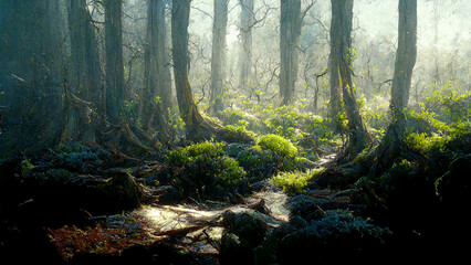 Fototapeta na wymiar Forest trees, digital illustration, natural scenery
