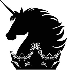 fairy tale unicorn horse head and royal crown - fantasy medieval black and white vector heraldry design