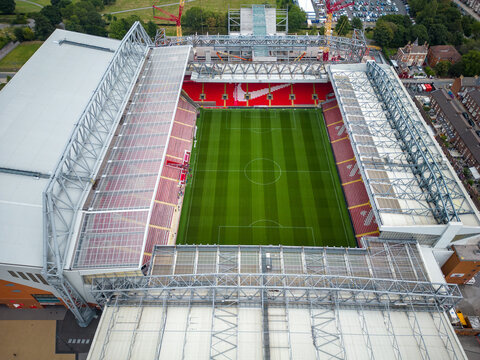 Anfield Stadium Home Of FC Liverpool - Aerial View - LIVERPOOL, UNITED KINGDOM - AUGUST 16, 2022