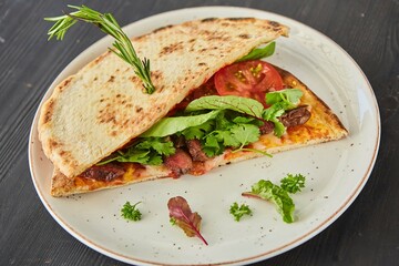 Fototapeta na wymiar Pita bread filled with meat, vegetables and herbs. Breakfast or lunch. A dish from the chef for serving in a restaurant.