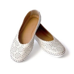 women's beige shoes without heels on white background top view