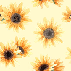 Seamless pattern. Hand drawn watercolor sunflower flower. Hand painted illustration on green background. Summer sunflowers design for textile, card, fabric, wrapping paper, cloth, cover, template.