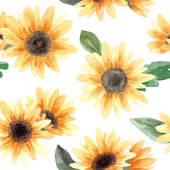 Seamless pattern. Hand drawn watercolor sunflower flower. Hand painted illustration on green background. Summer sunflowers design for textile, card, fabric, wrapping paper, cloth, cover, template. - 527026123
