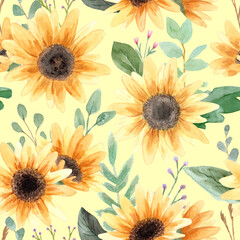 Fototapeta na wymiar Seamless pattern. Hand drawn watercolor sunflower flower. Hand painted illustration on green background. Summer sunflowers design for textile, card, fabric, wrapping paper, cloth, cover, template.