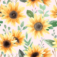 Seamless pattern. Hand drawn watercolor sunflower flower. Hand painted illustration on green background. Summer sunflowers design for textile, card, fabric, wrapping paper, cloth, cover, template.