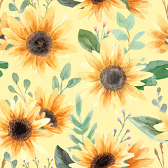 Fototapeta na wymiar Seamless pattern. Hand drawn watercolor sunflower flower. Hand painted illustration on green background. Summer sunflowers design for textile, card, fabric, wrapping paper, cloth, cover, template.