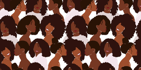 Modern Seamless pattern with diverse black women's faces and trendy hairstyles. Female portrait of African Americans with beautiful faces and smiles.  - 527027155