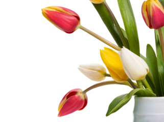 A group of red, yellow and white tulip flowers and leaves in a vase isolated on a flat background.