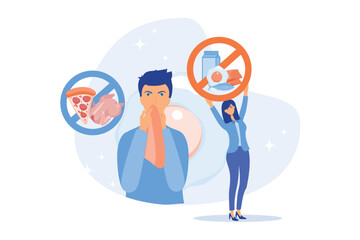 Man having food allergy symptoms to products like fish, milk and eggs. Food allergy, food alergen ingredient, allergy risk factor concept.flat vector modern illustration