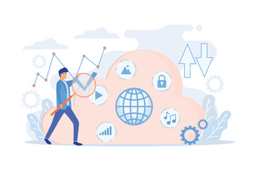 Two users searchig for big data in the cloud. Computing storage technology, large database, data analysis, digital information concept. flat vector modern illustration
