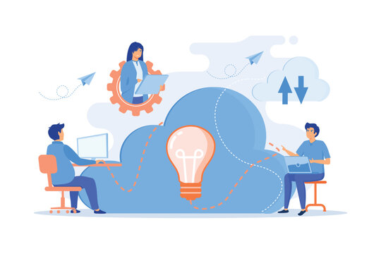 Coworking team of users connected by cloud computing and light bulb. Online collaboration, remote business management, wireless computing service concept.
