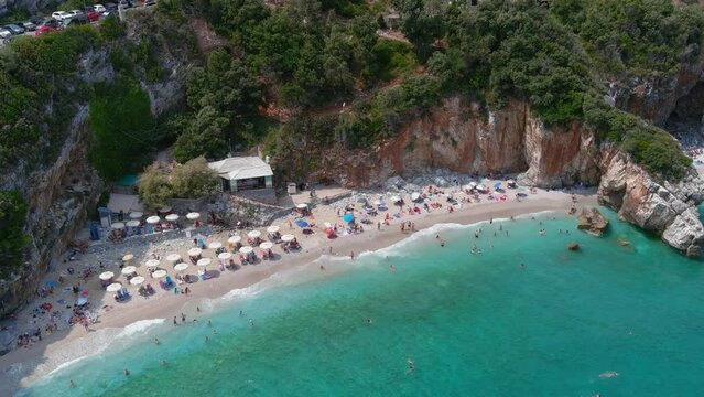 Aerial view over Pelion coastline with people 
Drone view from Pelion Greece, 2022
