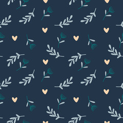 Seamless pattern. Abstract summer cute pattern with branches, wild flowers and hearts. Perfect for textile, fabric, surface, wallpaper, scrapbooking. Vector.