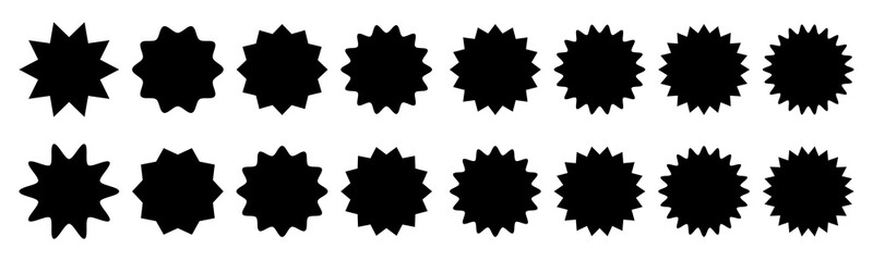 Black set of sale and discount stickers. Promo starburst vector icon.