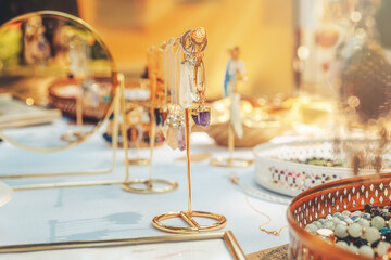 beautiful jewelry on the table, jewelry with healing stones.