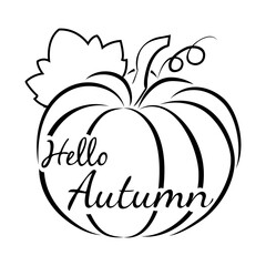 Hello autumn quote, pumpkin with leaf.