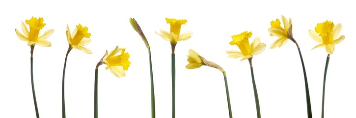 A collection of yellow daffodils flowers isolated against a flat background.