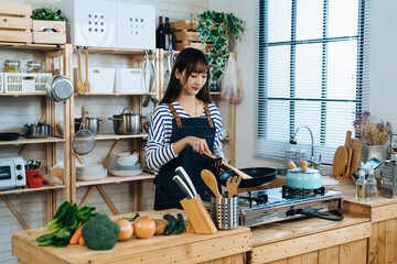 beautiful Asian young wife standing by the gas stove cooking food with a frying pan at lunchtime in...