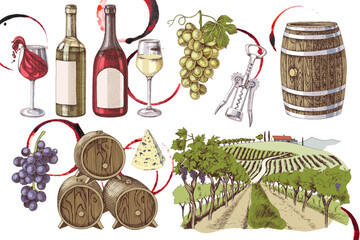 Hand drawn wine set sketches - wine and winemaking