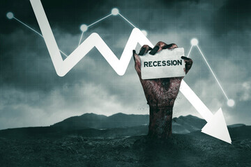 Scary zombie holding recession word