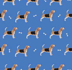 Cute cool beagle puppy seamless repeat. pattern. Vector illustration of pet behavior. Flat dog stands in full length isolated on white background. Beagles in a row.