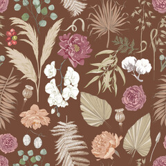 Seamless pattern with boho dried flowers